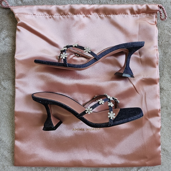Amina Muaddi Lily Denim Slipper/Heel 70 mm, Flower crystals, Size 37.5